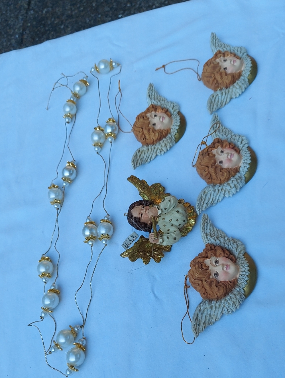 Pearl Strand Garland  with Angel Ornaments- 6 Pc- Heavy